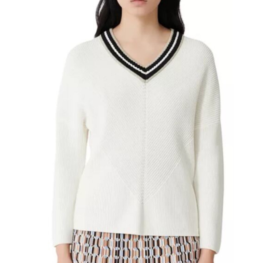 Maje White V-Neck Sweater with Black Sparkly Trim